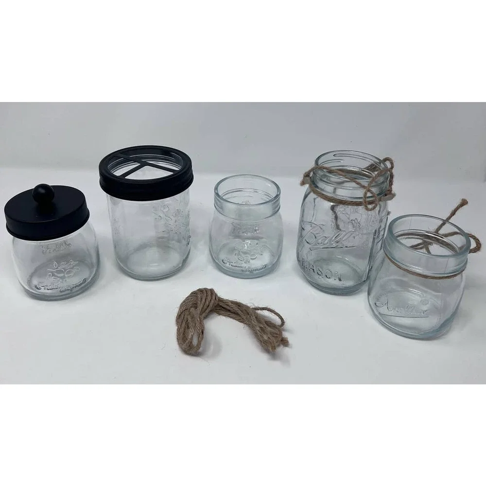 Mason Jar 5pc Bathroom Set Toothbrush & Toothpaste Holder‎ No Lids Extra Twine